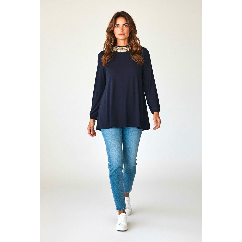 Moa Moa Black Mock Neck Chain Rhinestone Balloon Sleeve Blouse Women's M